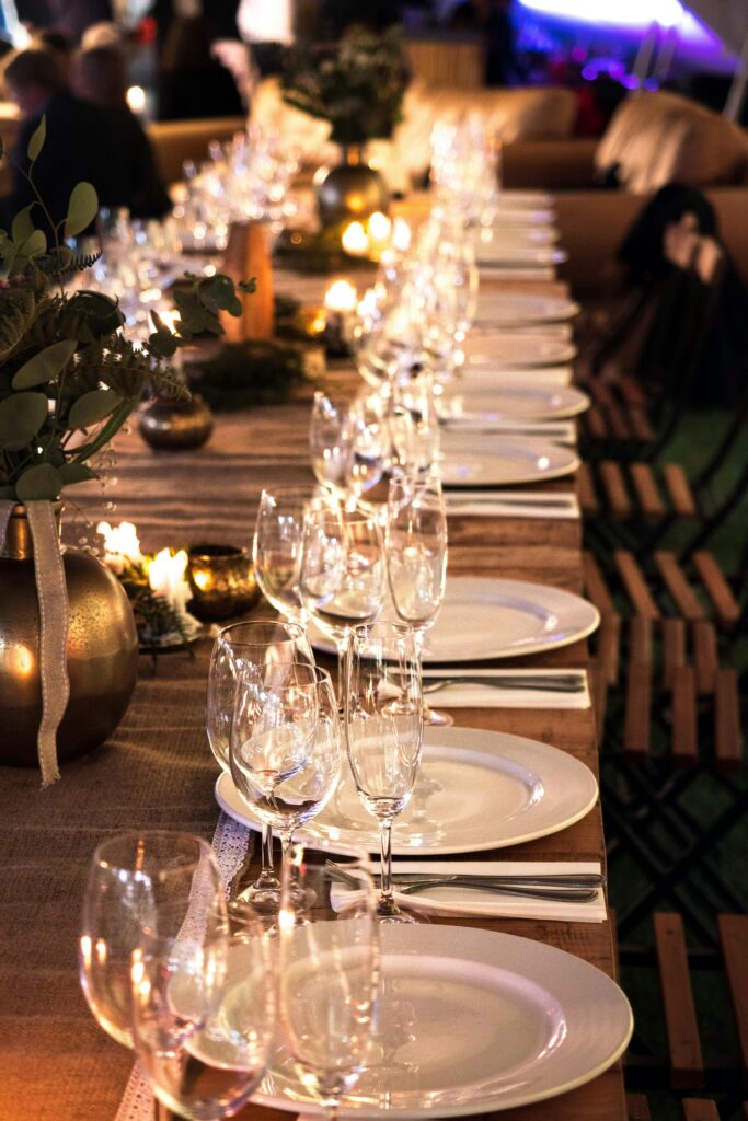 Elegant table setup at The Village social club in San Antonio for community events.